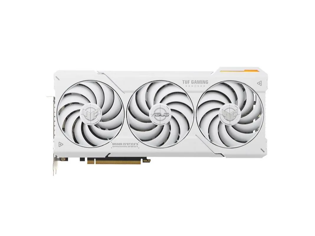 White triple-fan graphics card with metal exoskeleton and vented backplate