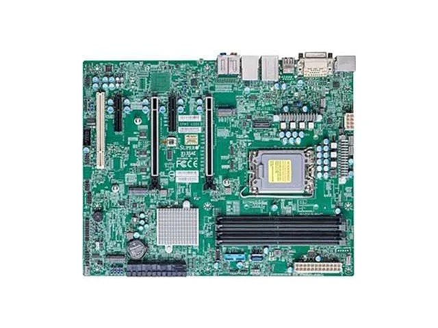 Green ATX server motherboard with silver LGA 1700 socket, four black DDR5 slots, multiple PCIe slots and rear I/O shield