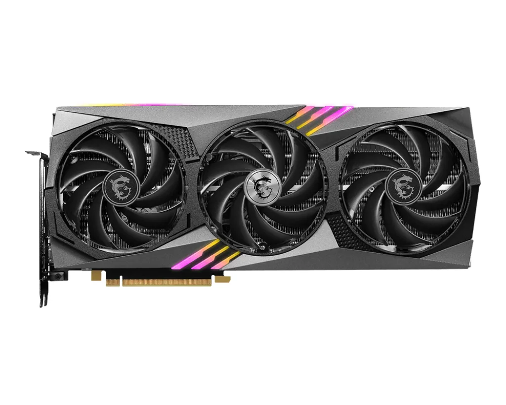 Black triple-fan graphics card with silver accents, full-length metal backplate, and 16-pin power connector