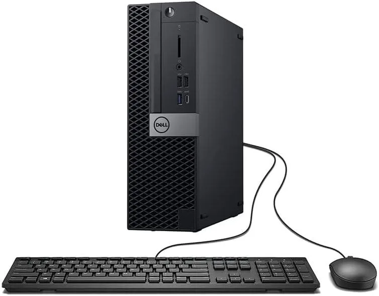 Small black desktop tower, compact square shape, DVD slot on front