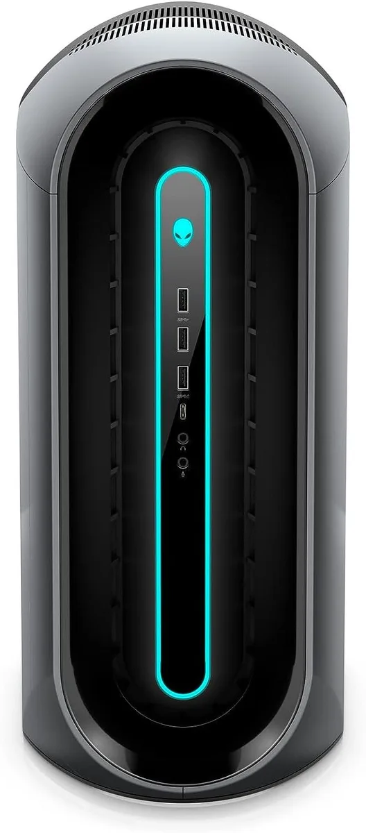 Alienware Aurora R12 tower in dark finish with angled front panel and illuminated logo