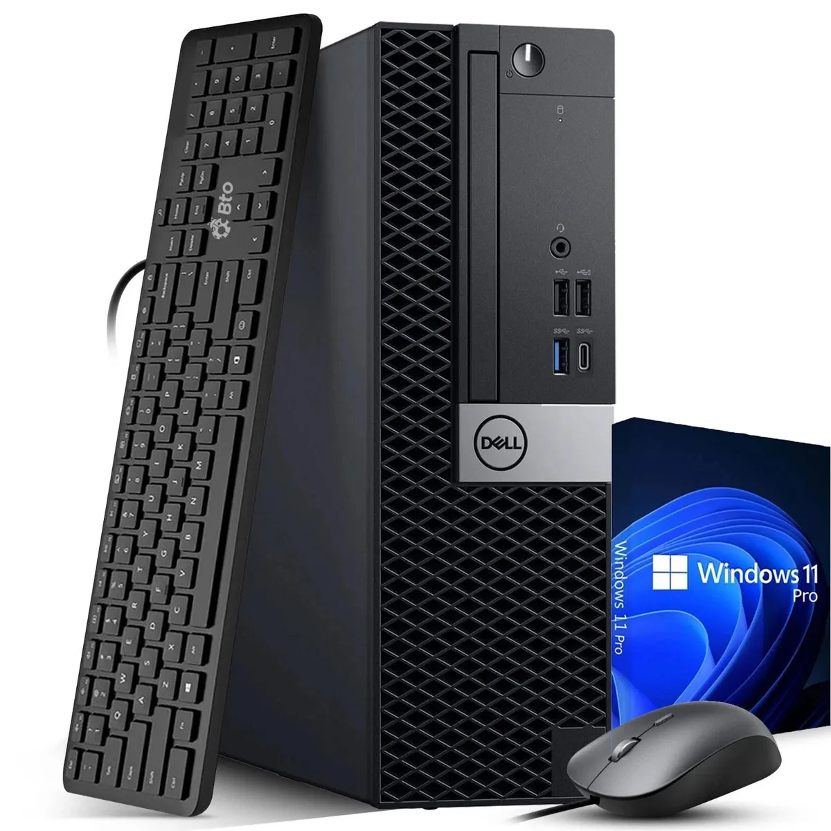 Black Dell OptiPlex 3070 SFF desktop tower with keyboard and mouse