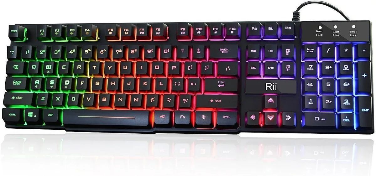 Black full-size wired gaming keyboard with rainbow LED backlighting, 17.1 x 5.3 x .9 in