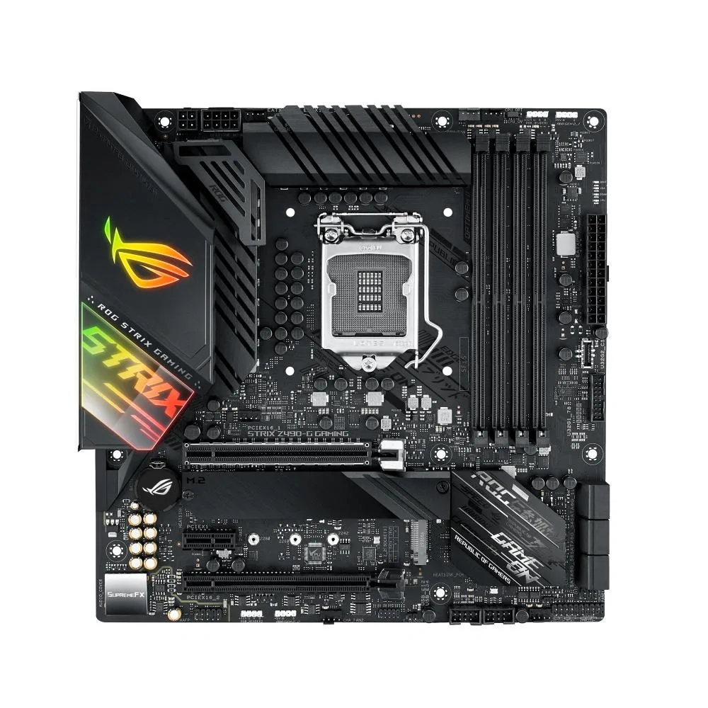 Micro ATX motherboard in dark finish with metallic heatsinks and rear I/O shield