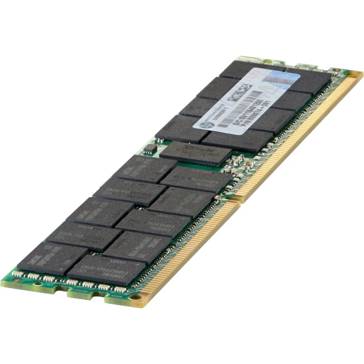 Green rectangular DIMM module with black chips and gold contacts