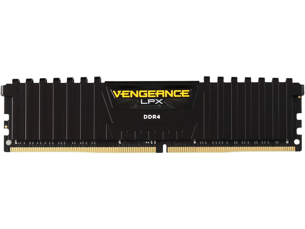 Single black DDR4 stick with low-profile anodized aluminum heat spreader and eight-layer PCB