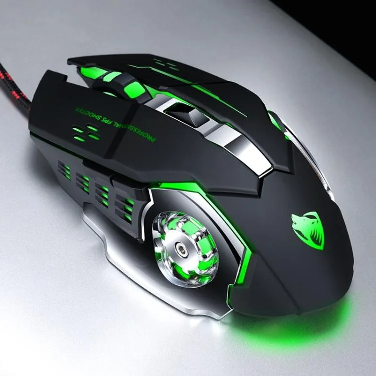 Wired gaming mouse, black and silver finish, six buttons, 1.5 m cable
