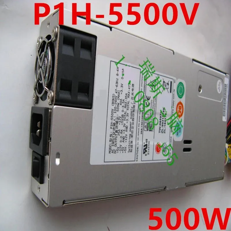 Compact 1U 500W ATX power supply unit with matte metal casing and rear fan grille