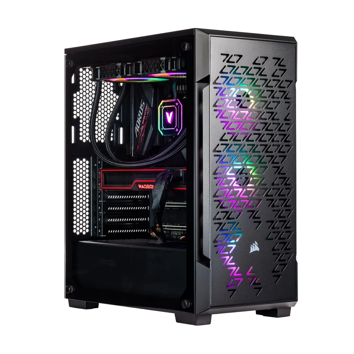 Black mid-tower gaming desktop with RGB-lit 240mm AIO and tempered glass side panel