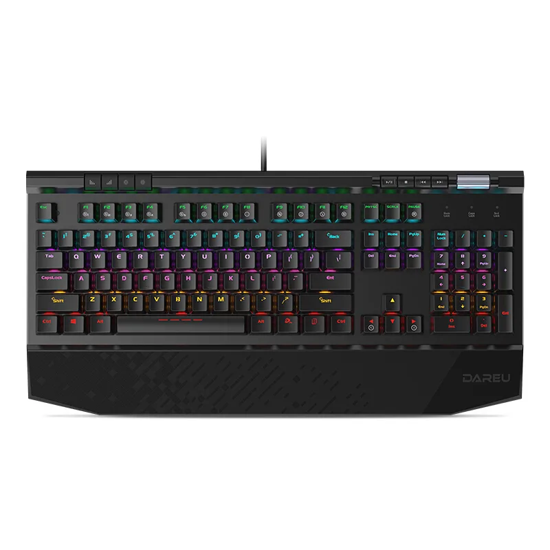 Full-size black mechanical keyboard with aluminium top, brown switches, RGB side strips, integrated wrist rest, 104 keys