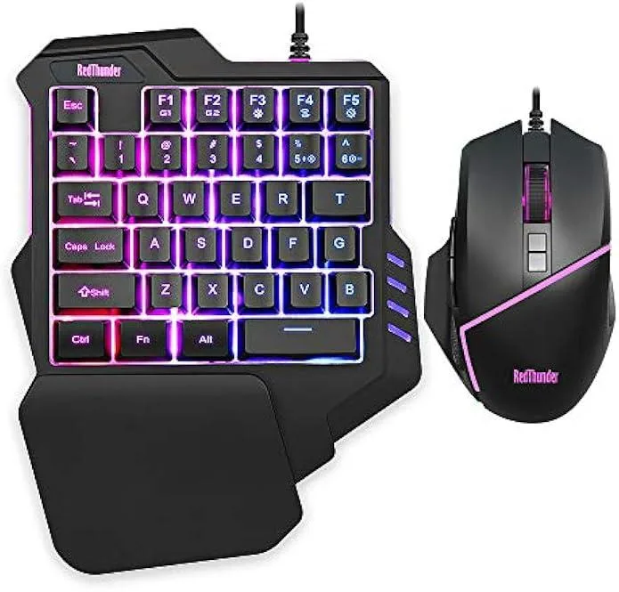 Compact 35-key gaming keypad with wrist rest and matching RGB mouse