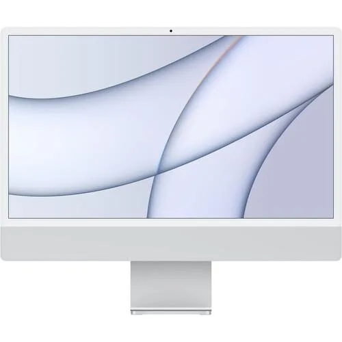 Silver all-in-one desktop with 24-inch display and matching keyboard and mouse