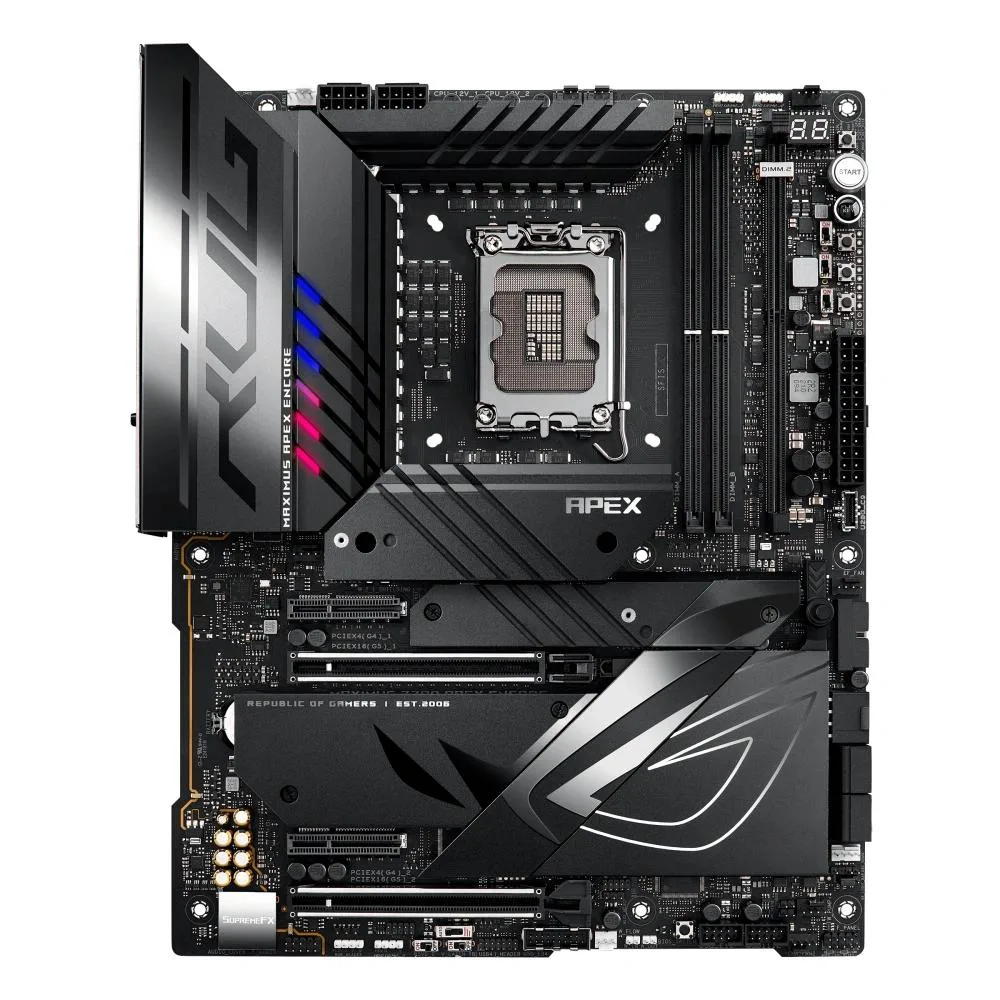 ASUS ROG Maximus Z790 Apex Encore ATX motherboard, dark finish, DDR5 DIMM slots, LGA 1700 socket, metal I/O shield, SATA cable included