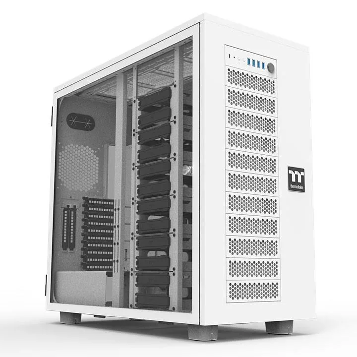 White super-tower case with tempered glass side panel, no fans installed