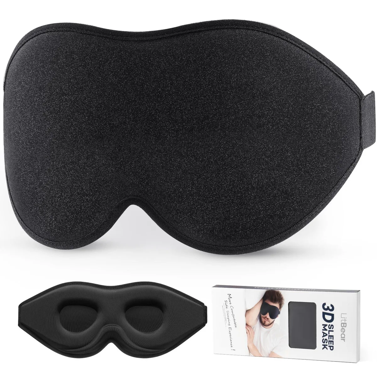LitBear 3D Contoured Sleep Mask Black 22 mm nose bridge 15° tilt sides — 商品照片