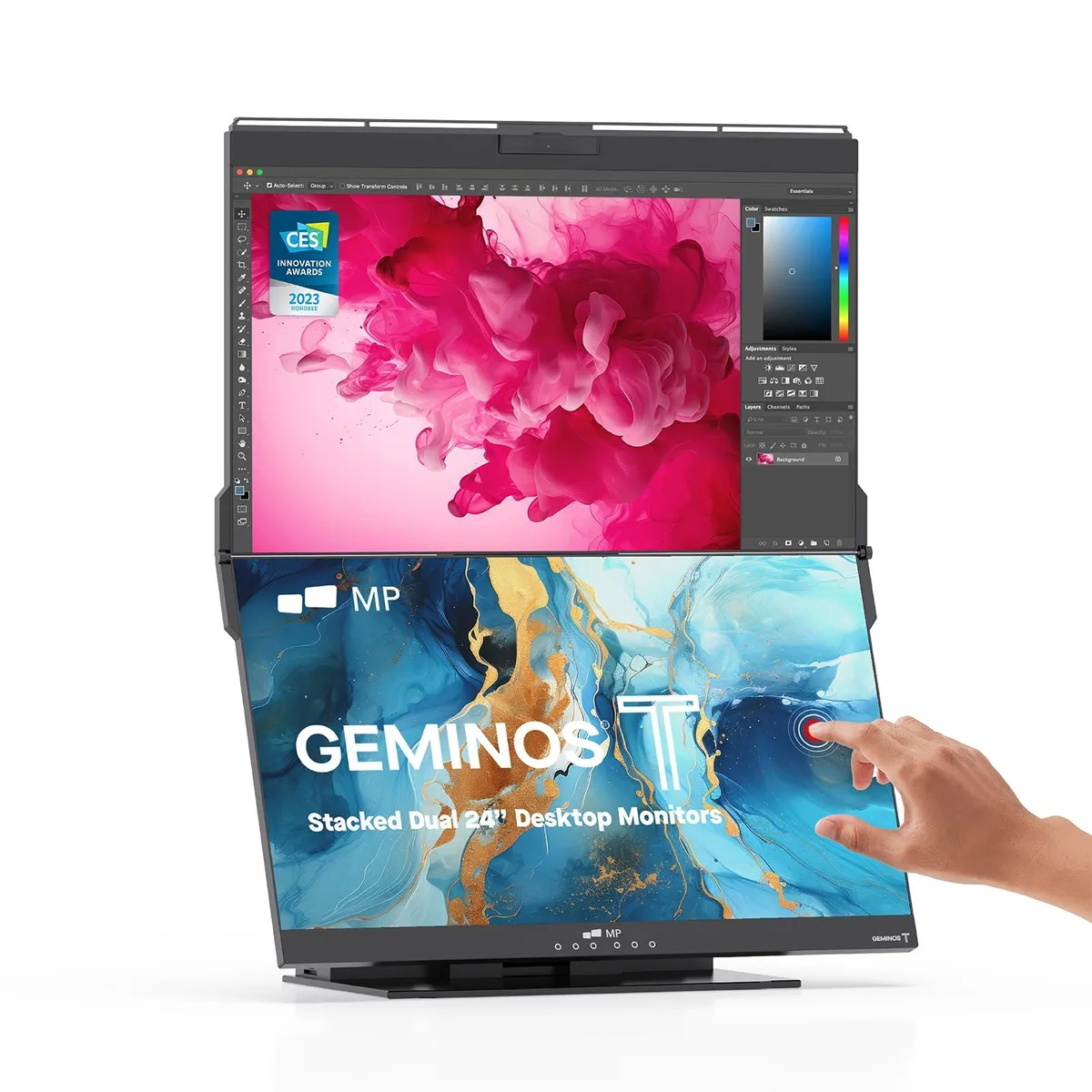 Two 23.8 inch stacked monitors, thin bezel, touchscreen on lower screen, built-in webcam and speakers