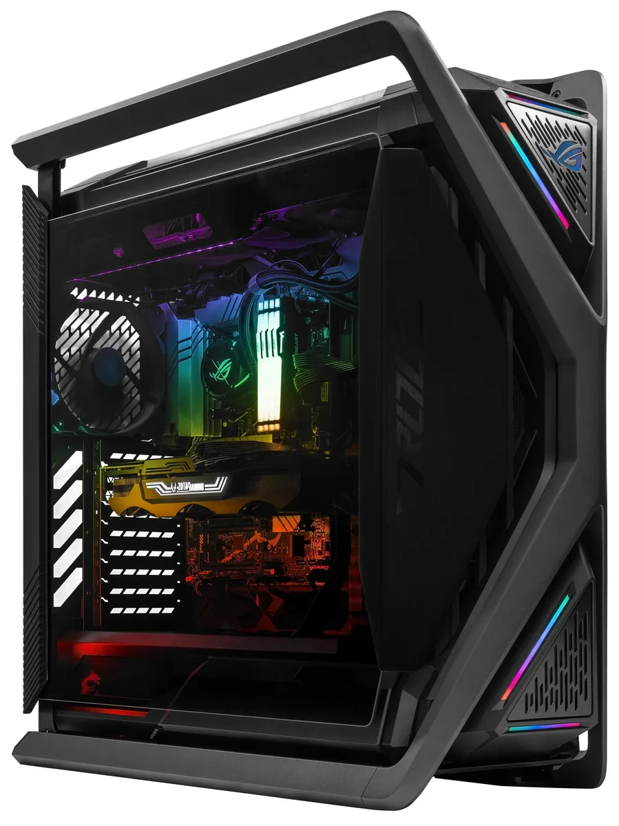 Black mid-tower gaming desktop with RGB lighting and visible liquid cooling tubes