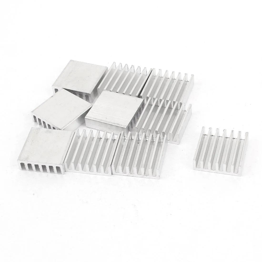 Ten silver aluminium heatsinks 20mm square by 6mm high