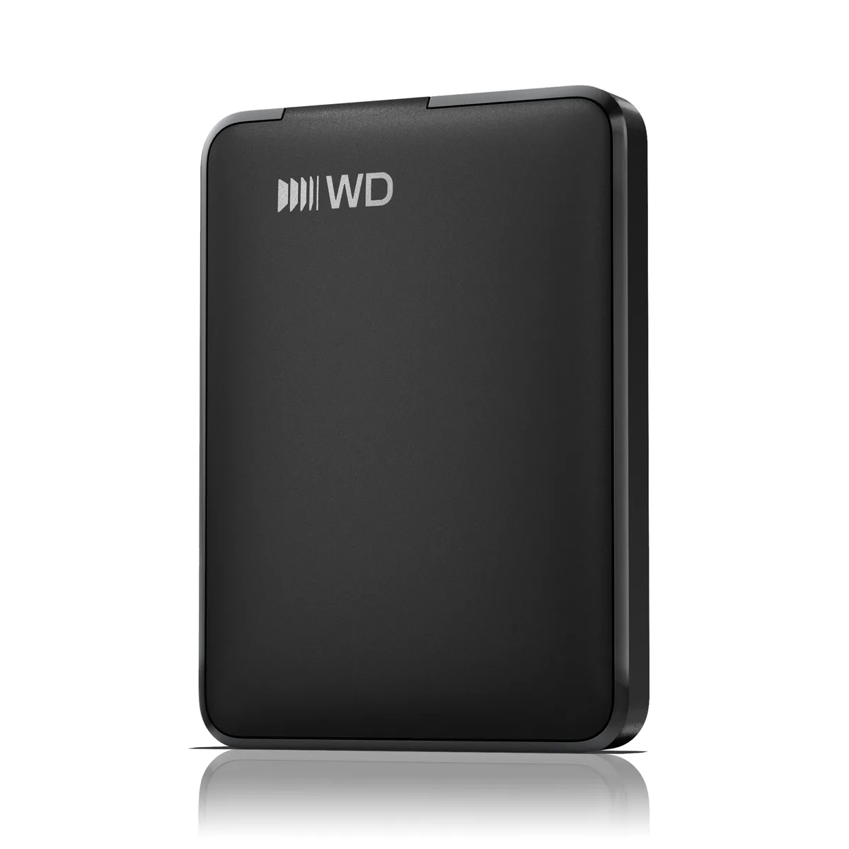 Black rectangular 2.5 inch portable hard drive with USB-C cable