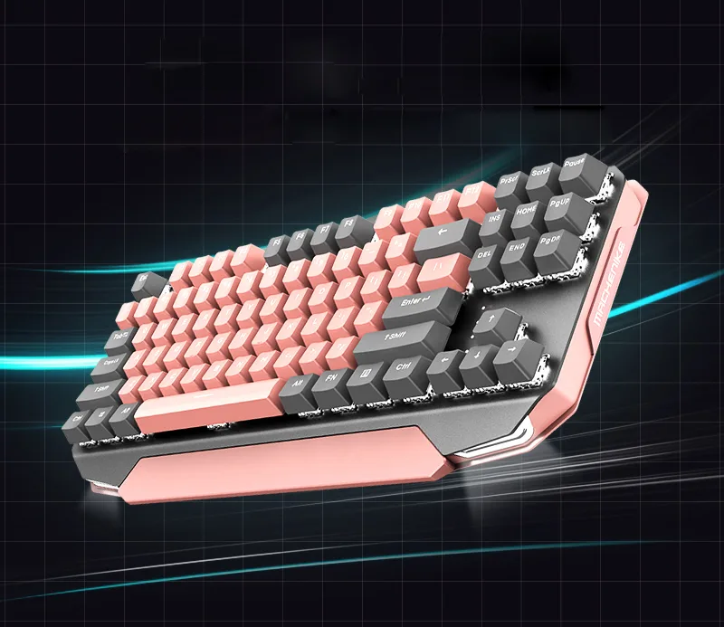 Compact 87-key mechanical keyboard in gray pink with white LED backlighting