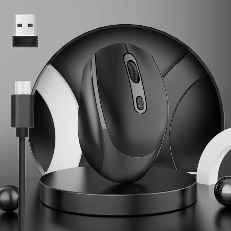 Black wireless mouse with ergonomic shape, four buttons and rechargeable battery