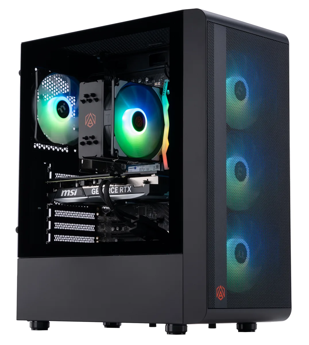 Black mid-tower gaming desktop with RGB-lit RAM visible through side panel