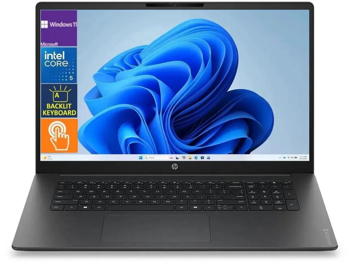 Silver 17.3 inch laptop with touch screen and backlit keyboard