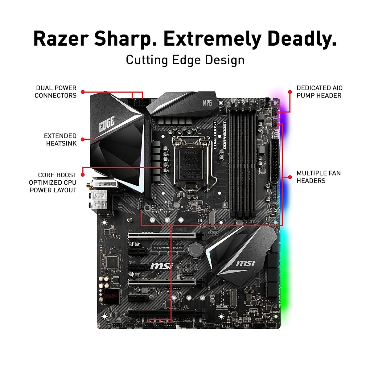 Black ATX motherboard with silver heatsinks and M.2 shields