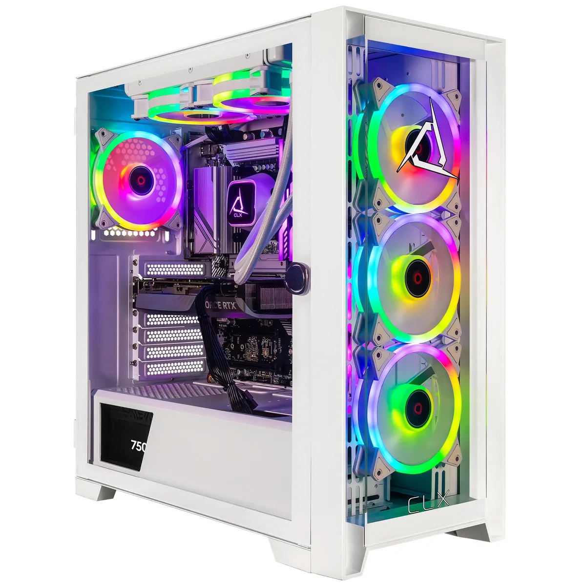 White mid-tower gaming desktop with liquid-cooled CPU