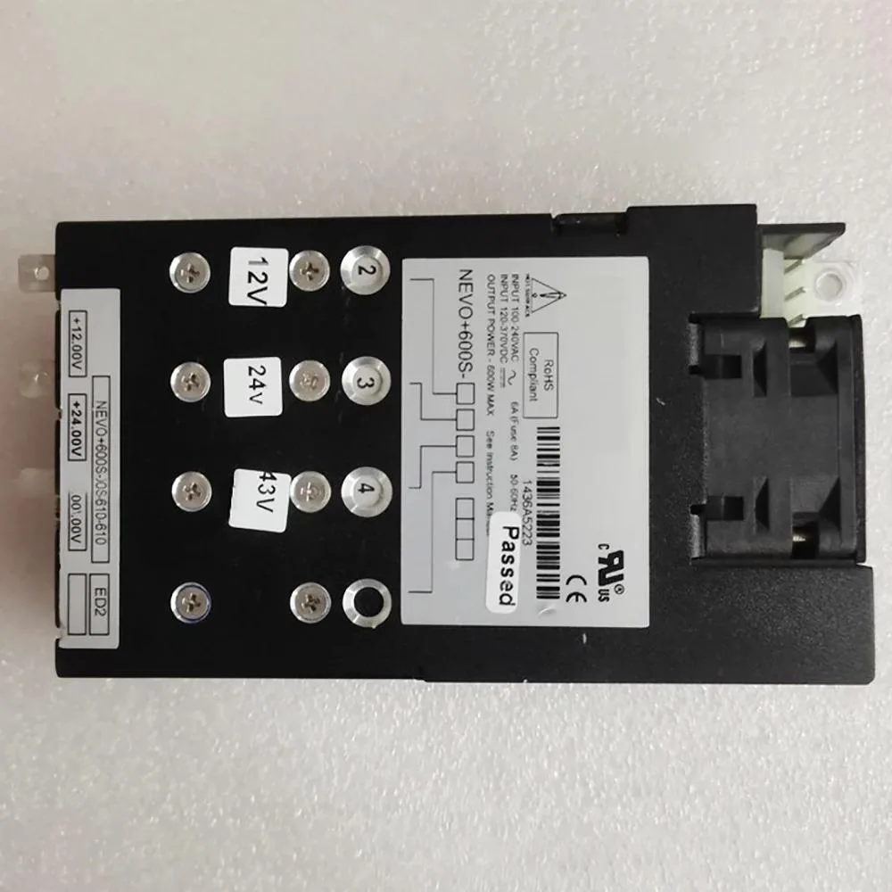 Rectangular ATX power supply unit with metal casing and cooling fan visible