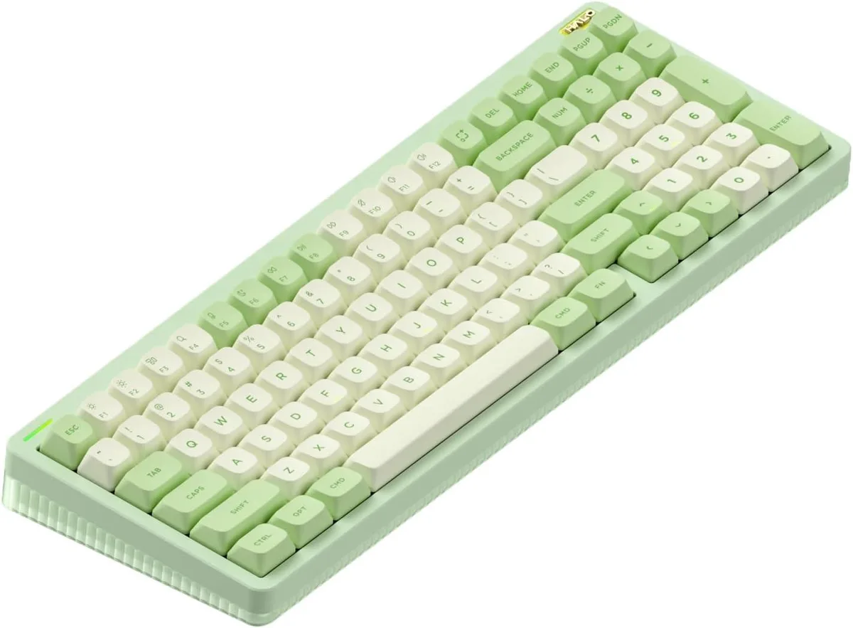 Green 96% wireless mechanical keyboard with semi-transparent case and RGB lighting