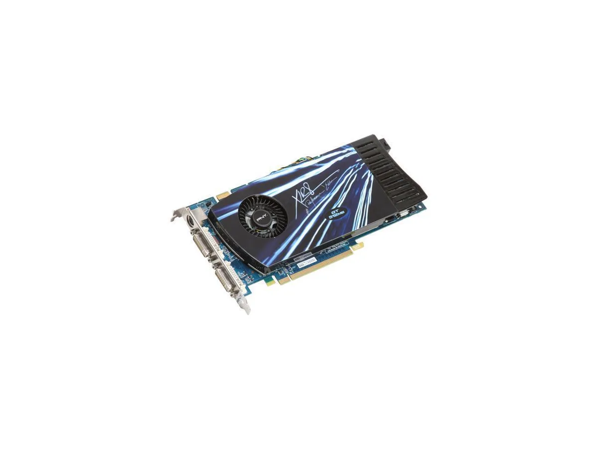Black dual-slot graphics card with two DVI ports and an S-Video connector on the rear bracket