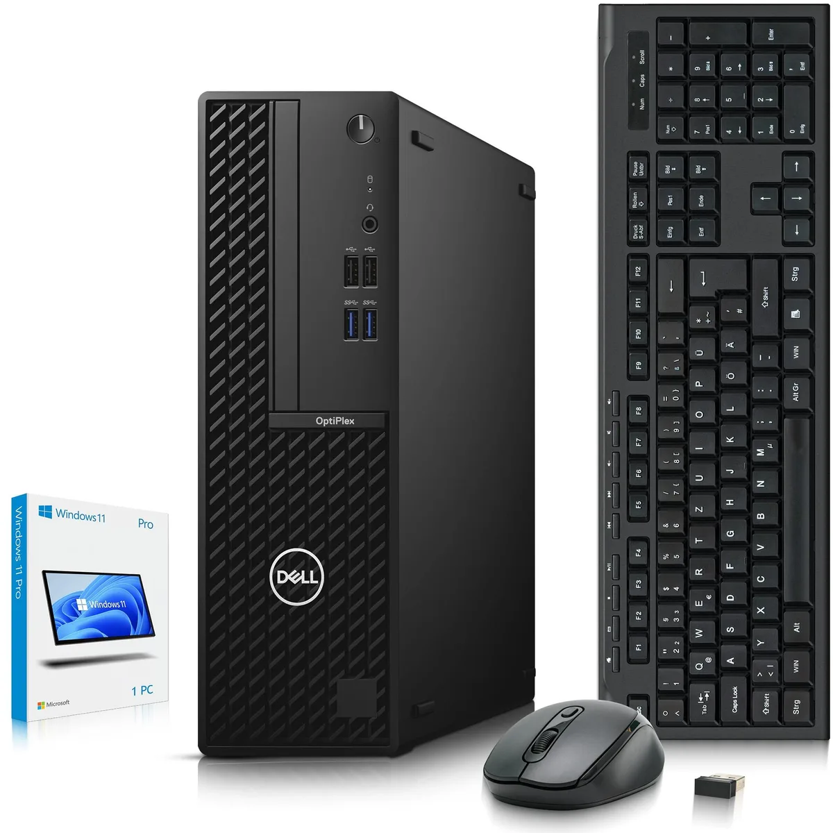 Compact black Dell OptiPlex 3080 SFF tower with wireless keyboard and mouse