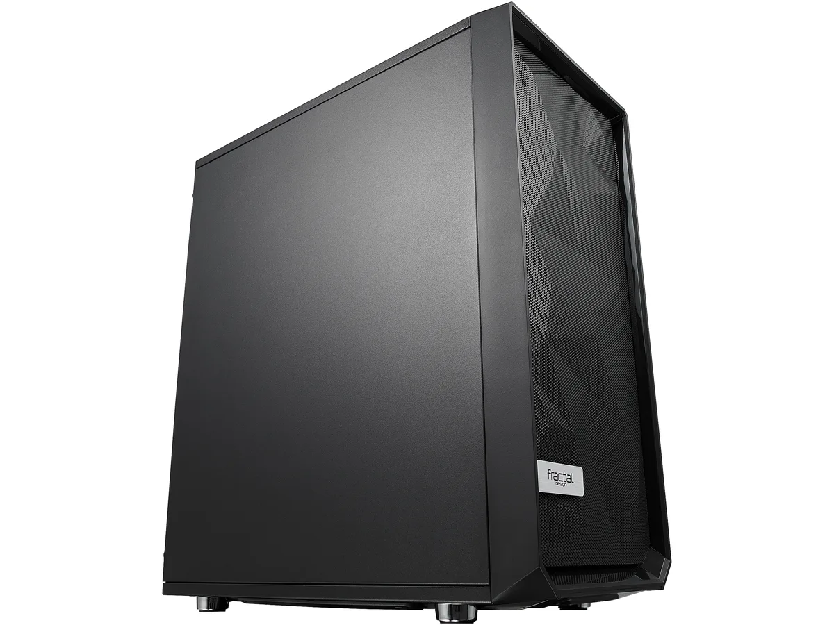 Black steel mid-tower with angular mesh front panel, no side window
