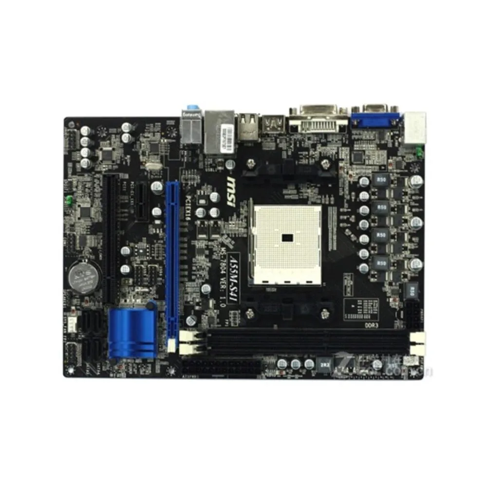 MSI A55M-S41 micro-ATX motherboard, dark PCB with blue and black slots, silver I/O shield