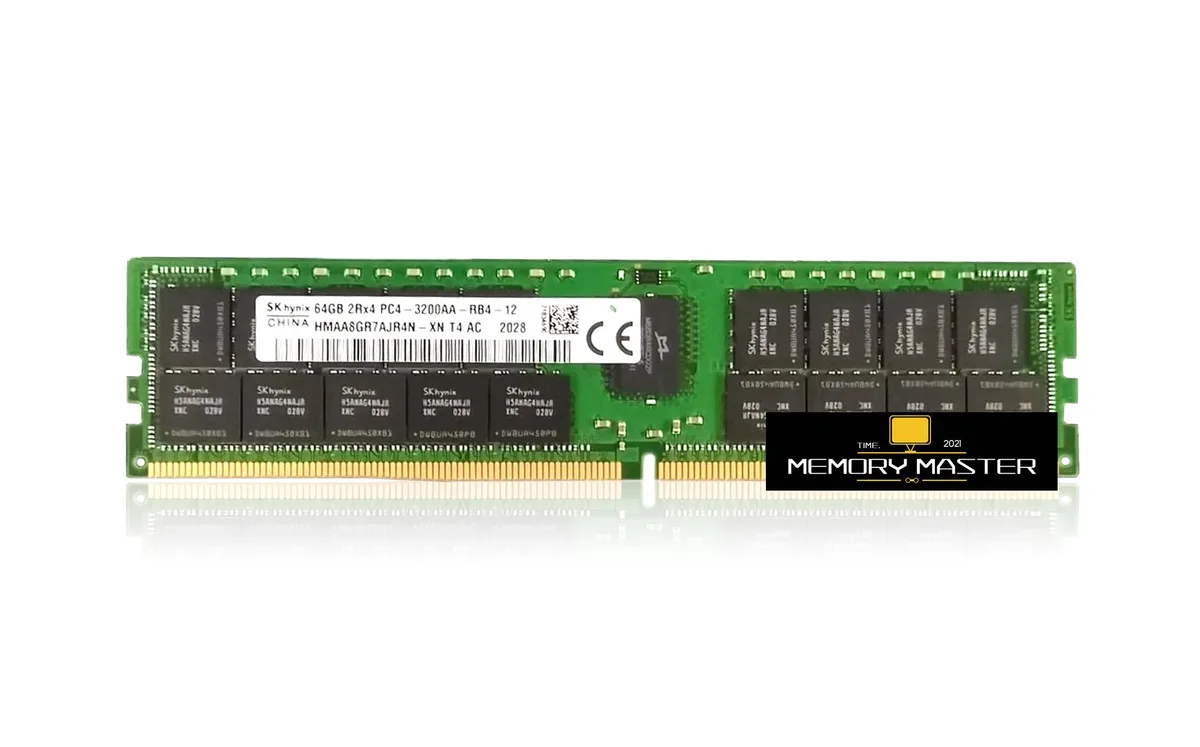 Green rectangular DIMM module with black memory chips and gold edge connectors