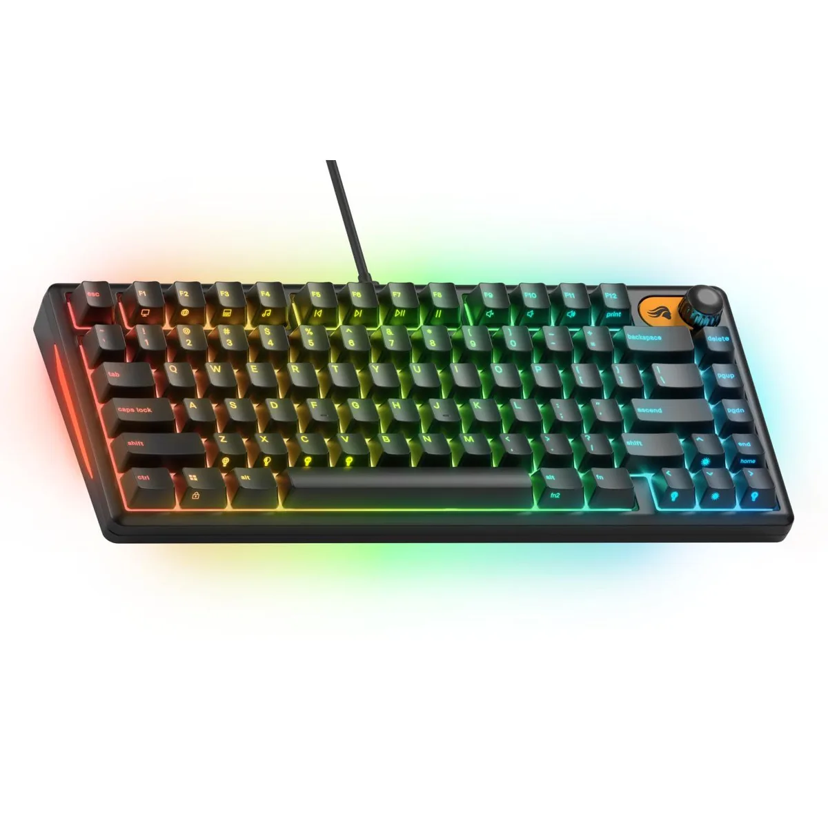 Compact 75% gaming keyboard with 10-zone RGB lighting and detachable cable