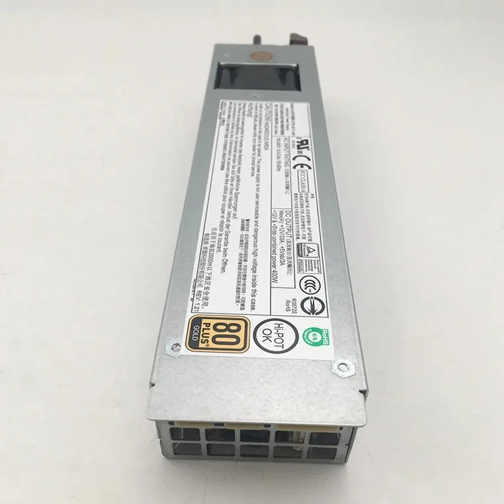 Rectangular silver ATX power supply unit with ventilation grille and label showing 400W