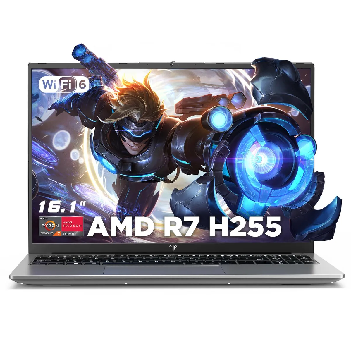 Gray 16.1 inch gaming laptop with 180 degree hinge and backlit keyboard