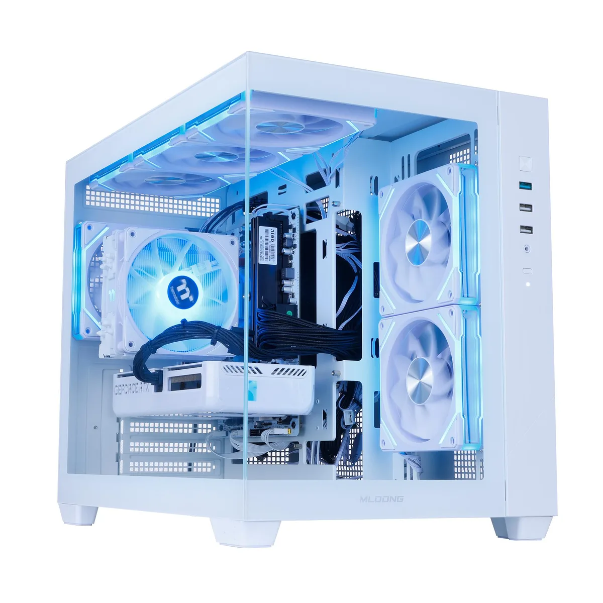 White mid-tower desktop with RGB fans and glass side panel