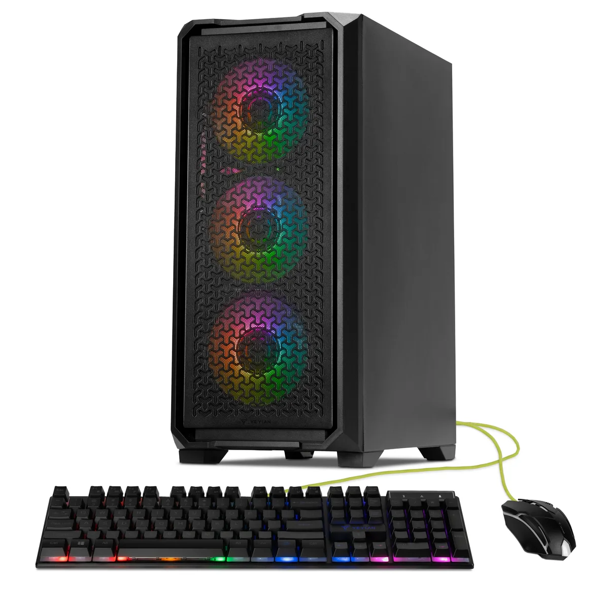 Mid-tower gaming desktop in black finish with RGB lighting visible through side panel