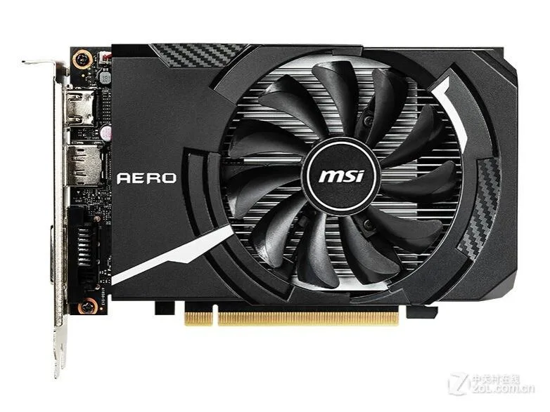 Compact black graphics card with single fan and 6-pin power connector