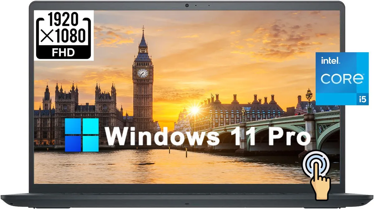 Black Dell Inspiron 15 3000 3520 laptop open showing 15.6 inch FHD touchscreen and numeric keypad