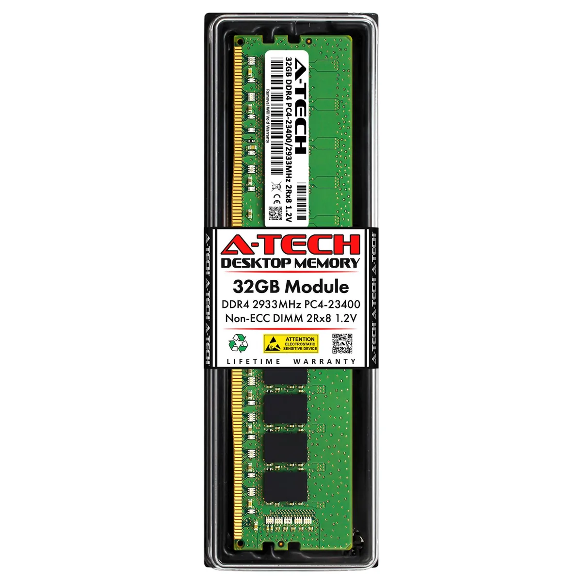 Green rectangular circuit board with black memory chips, gold edge connector, no heat spreader
