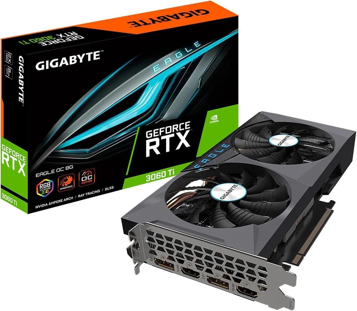 GIGABYTE Eagle OC RTX 3060 Ti graphics card with silver and black triple-fan cooler and metal backplate