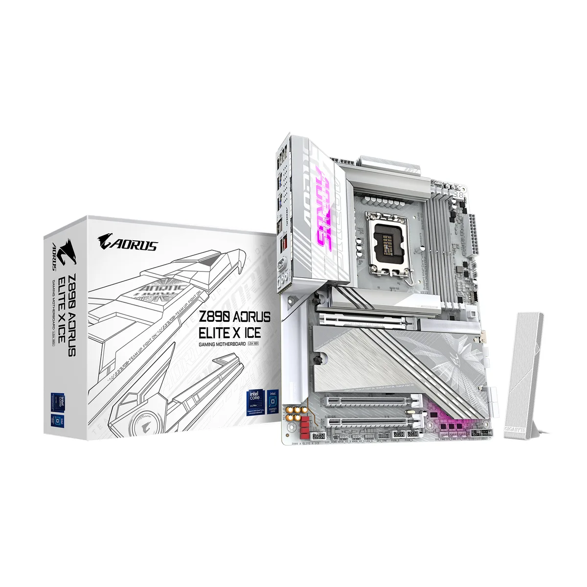 White ATX motherboard with silver heatsinks and white PCB