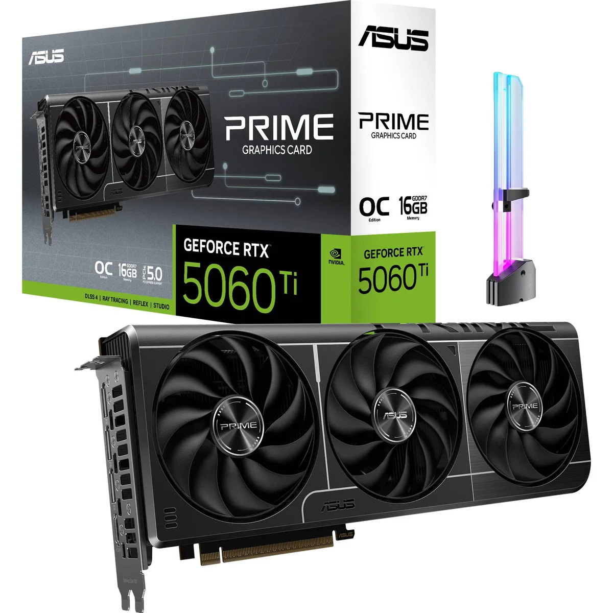 ASUS Prime RTX 5060 Ti OC 16GB GDDR7, triple axial-tech fans, 2.5-slot design, silver backplate