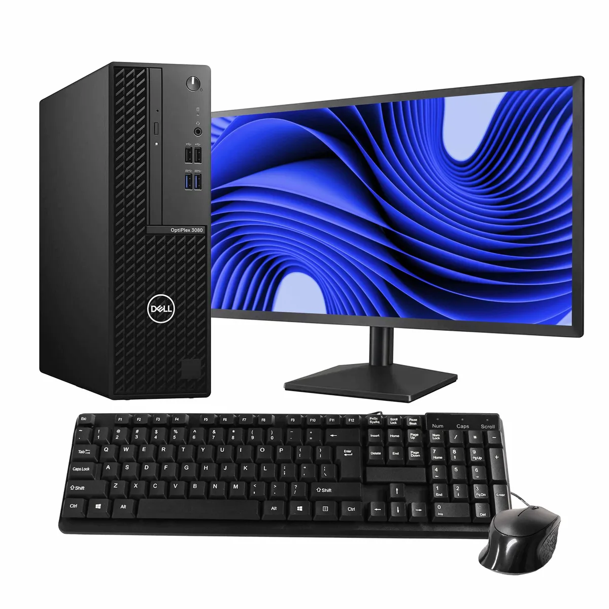 Black Dell OptiPlex 3080 desktop tower with 24 inch monitor keyboard and mouse