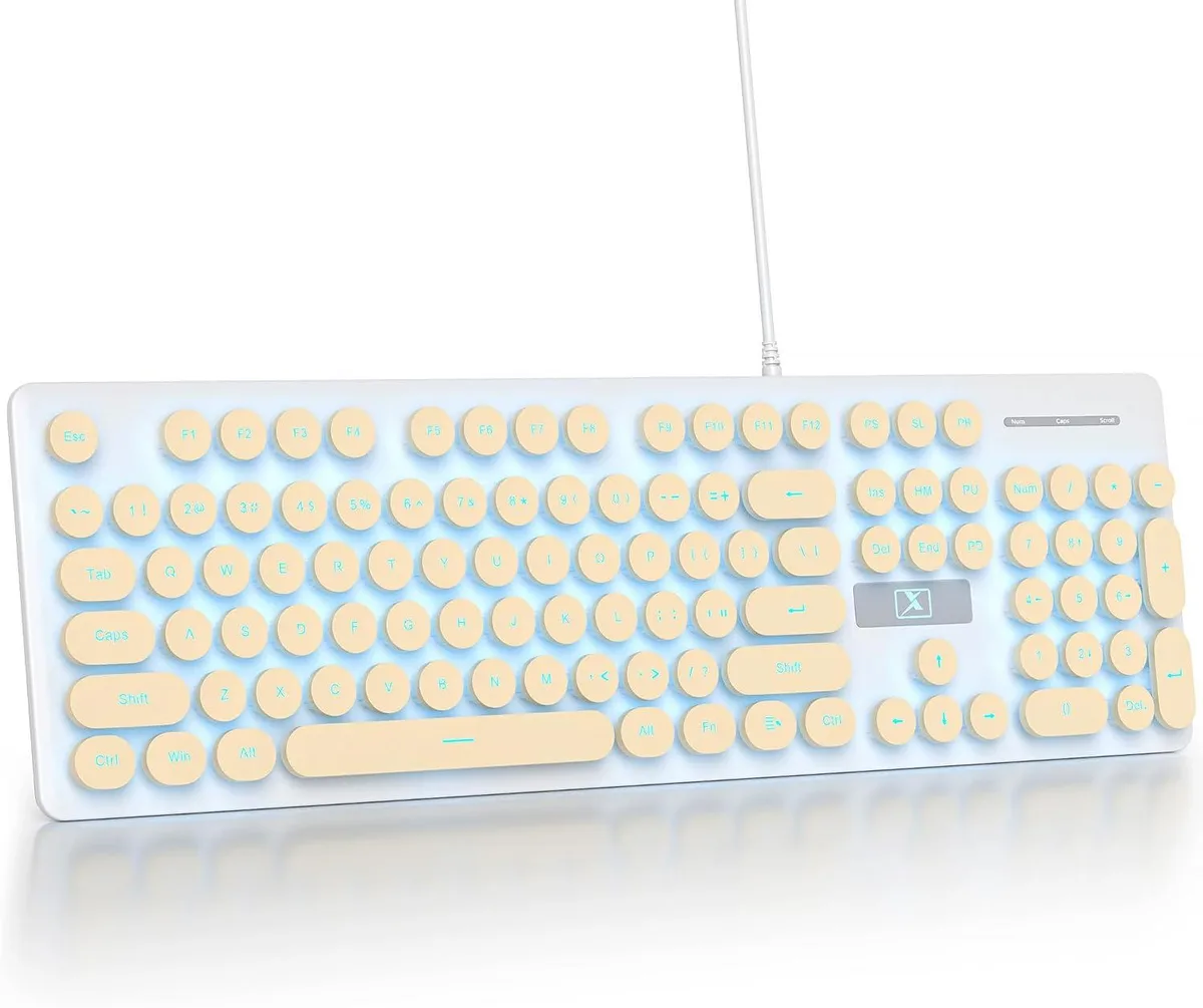 Beige retro typewriter keyboard with round keycaps and blue LED backlighting