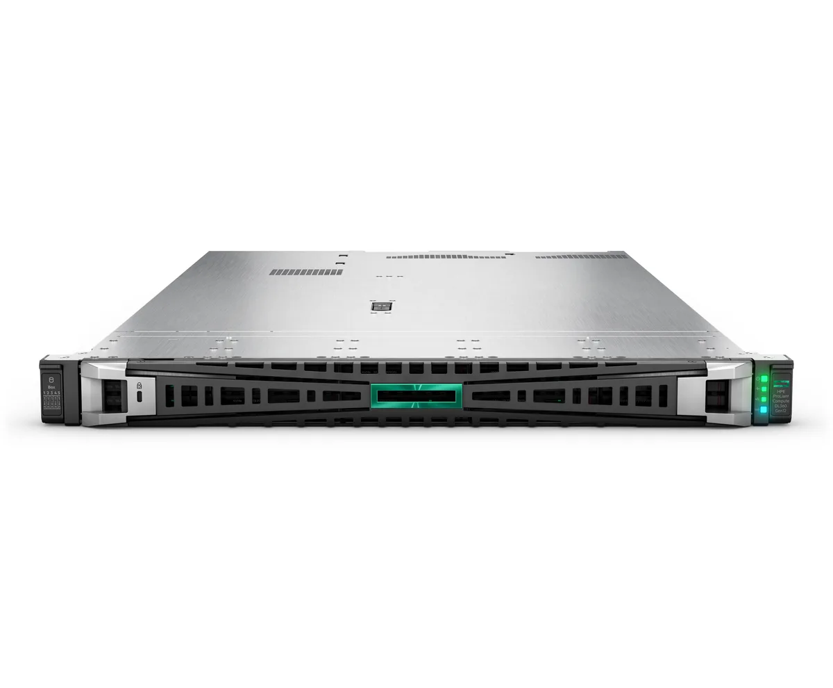 Silver 1U rack server with eight front drive bays and dual power supplies